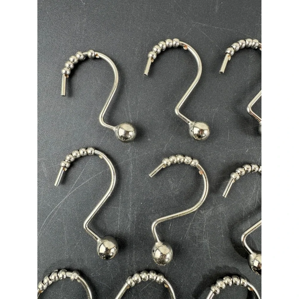 Set of 12 Chrome Roller Ball Shower Curtain Hooks Silver Metal Rings Beaded
